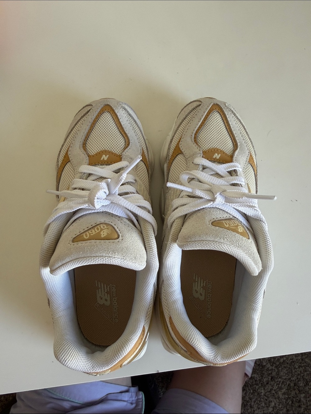 New Balance White and Tan Low-Top Sneakers